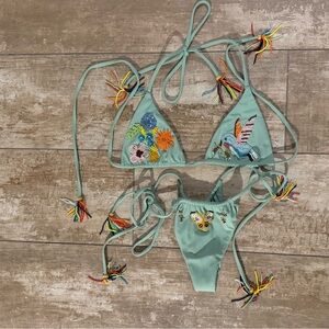 Embroidered Green Bikini Set
